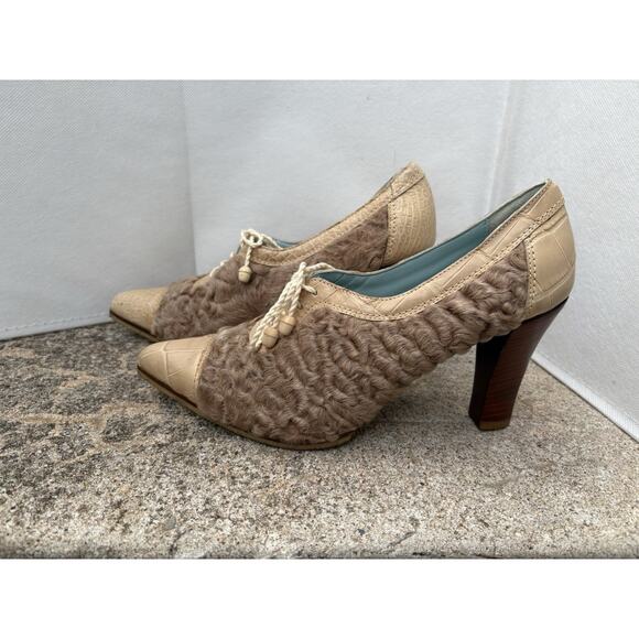 Designer Malo Heels 39 Fur Pointy Toe Pump Leather Italian Retro Lace Up Artsy - Picture 5 of 10